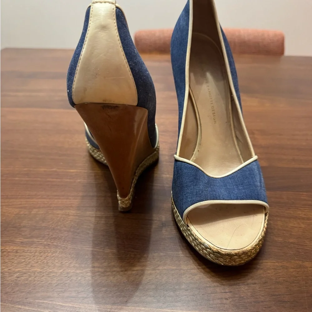 Designer Blue and Tan Espadrille Wedge Sandals - Picture 5 of 5